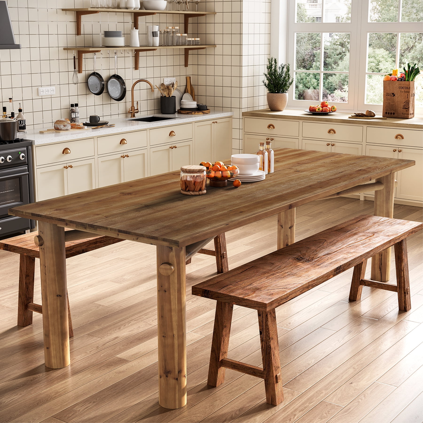 Finmind Solid Wood Dining Table for 6, 63-Inch Farmhouse Wood Kitchen Table with Strong Legs for Dining Room, Living Room, Brown