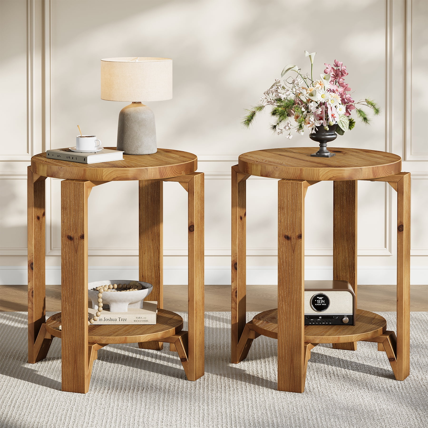 Finmind Solid Wood End Table, 19.69 Inch Round Sofa Side Table with Storage,  2-Tier  Farmhouse Wooden Nightstand for Living Room, Bedroom, Couch, Set of 2, Brown