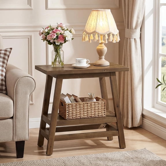 Finmind Solid Wood End Table, 2-Tier Narrow Side Table with a-Frame for Small Spaces, Farmhouse Rustic Style, Living Room or Bedroom