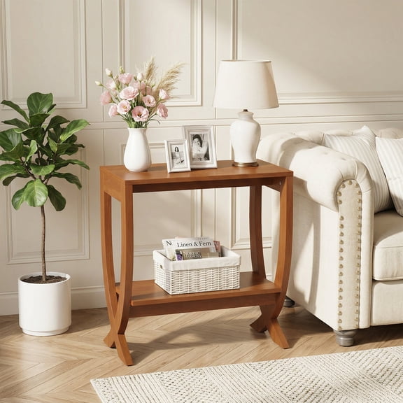 Finmind Solid Wood End Table, 2-Tier Side Table with Arched Legs for Living Room, Warm Walnut