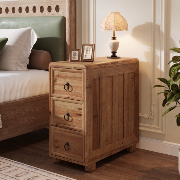 Finmind Solid Wood End Table, 23.62 inch Narrow Side Table with 3 Drawers, Slim Nightstand Bedside Tables for Small Spaces, Bedroom, Living Room, Brown