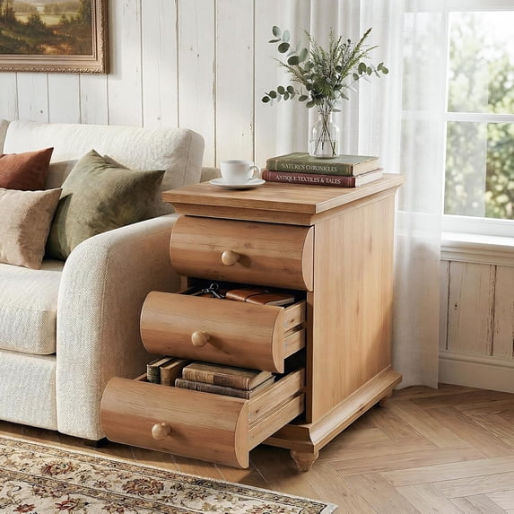 Finmind Solid Wood End Table with 3 Drawers, Narrow Sofa Side Table ...