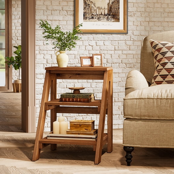 Finmind Solid Wood End Table, 3-Tier Farmhouse Side Table with Open Storage Shelves, Rustic Nightstand for Living Room, Bedroom, Brown, Easy Assembly