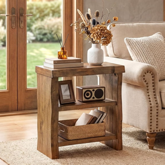 Finmind Solid Wood End Table, 3-Tier Narrow Side Table with Live-Edge, Farmhouse Bedside Nightstand for Small Spaces, Living Room