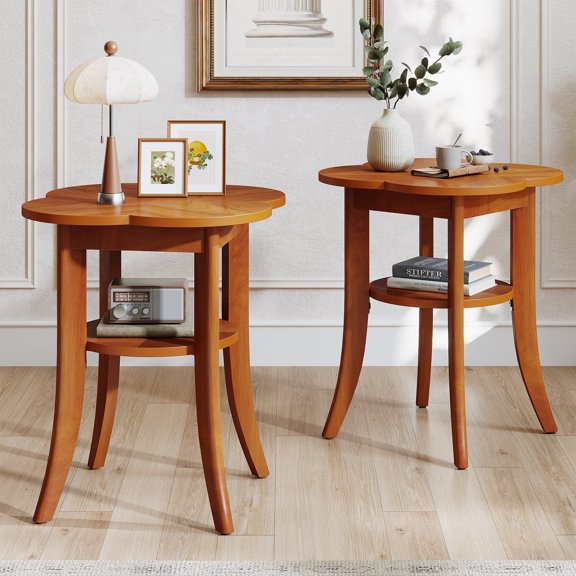 Finmind Solid Wood End Table Set of 2, 2-Tier Sofa Side Table with Storage Shelf, Mid Century Modern Wooden Bedside Nightstand for Living Room, Bedroom, Couch, Walnut
