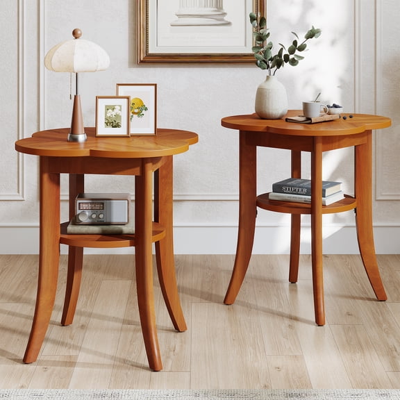 Finmind Solid Wood End Table Set of 2, 2-Tier Sofa Side Table with Storage Shelf, Mid Century Modern Wooden Bedside Nightstand for Living Room, Bedroom, Couch, Walnut