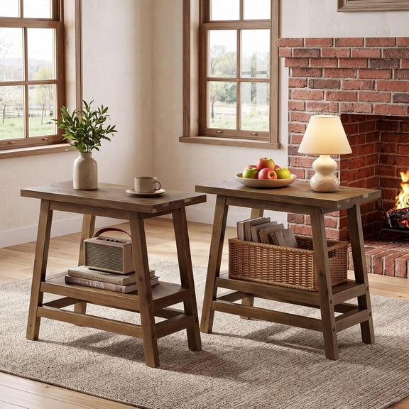 Finmind Solid Wood End Table Set of 2, 2-Tier Narrow Side Table with a-Frame for Small Spaces, Farmhouse Rustic Style, Living Room or Bedroom