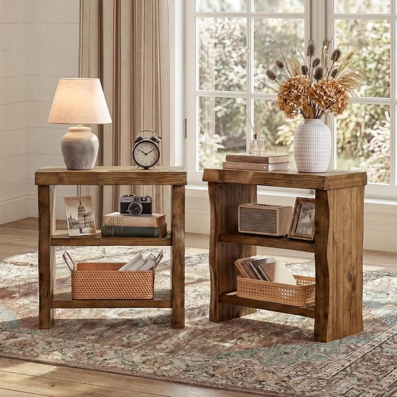 Finmind Solid Wood End Table Set of 2, 3-Tier Narrow Side Table with Live-Edge, Farmhouse Bedside Nightstand for Small Spaces, Living Room