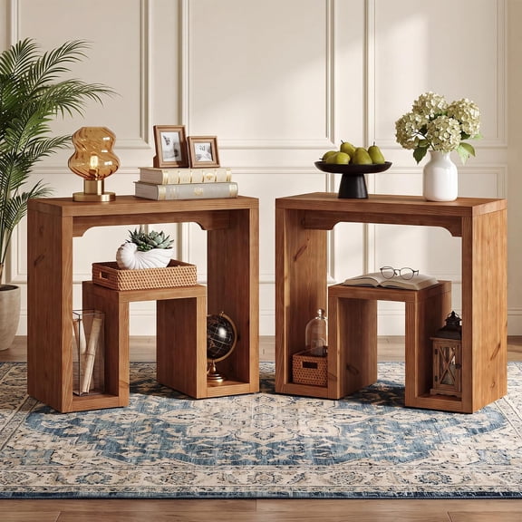 Finmind Solid Wood End Table Set of 2, U-Shaped Farmhouse Side Table with Open Storage Cubby, Rustic Brown