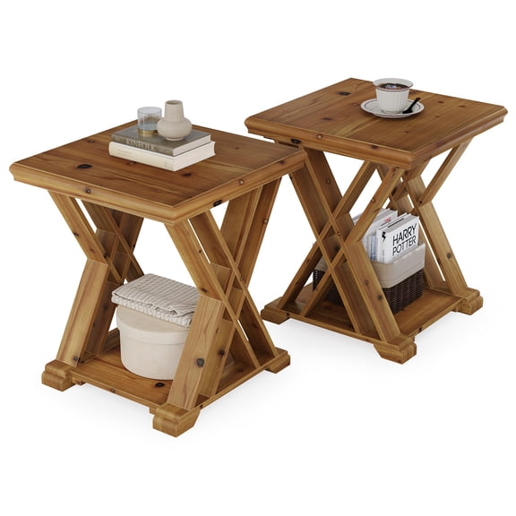Finmind Solid Wood End Table with Storage, 2-Tier Square Side Table with X-Shape Frame, for Small Spaces, Living Room, Bedroom, Rustic Brown (Set of 2)