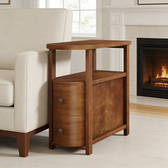 Finmind Solid Wood End Table with 2 Drawers, Fully Assembled Narrow Side Table, Slim Nightstand for Bedroom, Small Spaces, Living Room, Walnut Brown