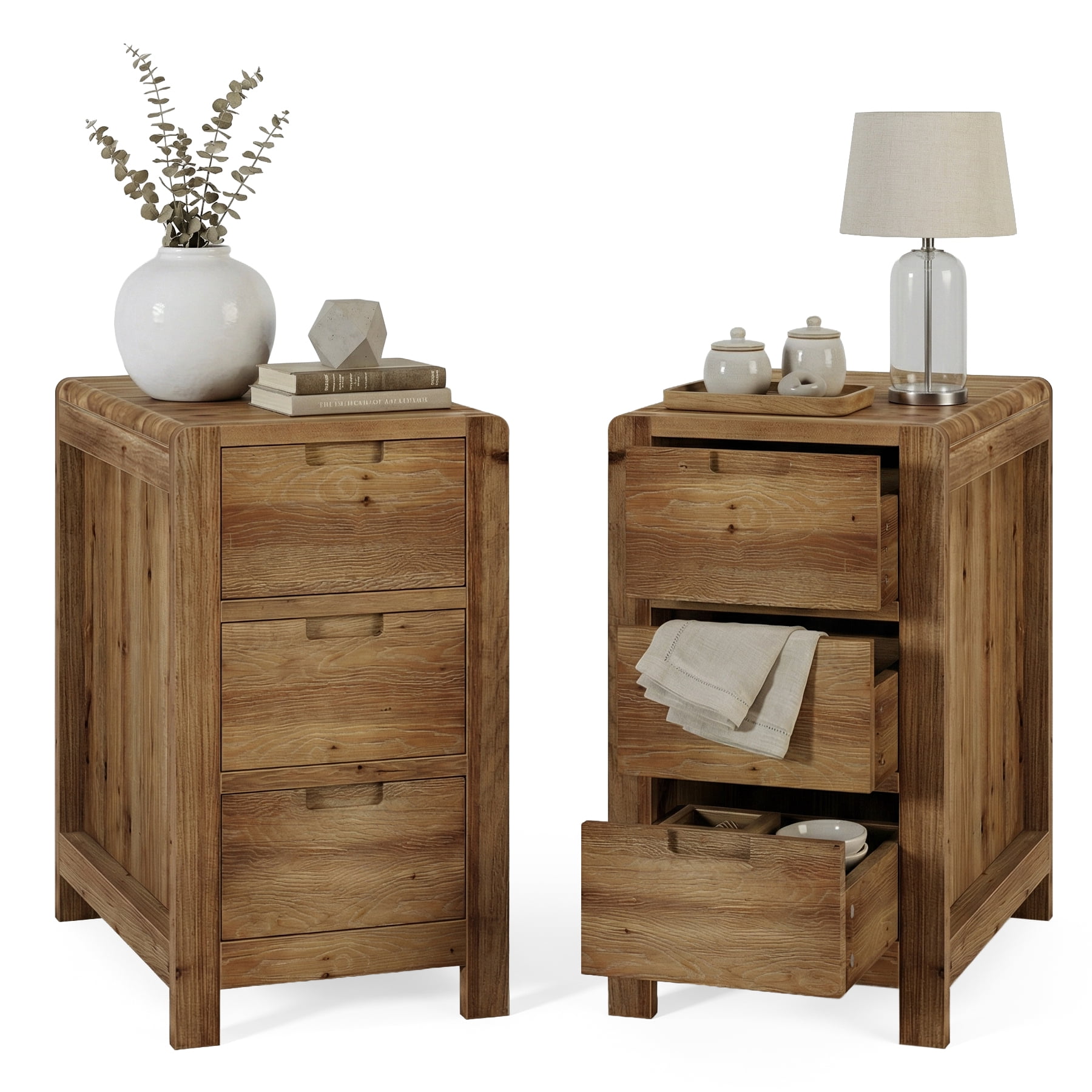Finmind Solid Wood End Table with 3 Drawers, Farmhouse Side Table ...