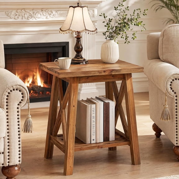 Finmind Solid Wood End Table with Storage Shelf, 2-Tier Farmhouse Bedside Nightstand, Brown