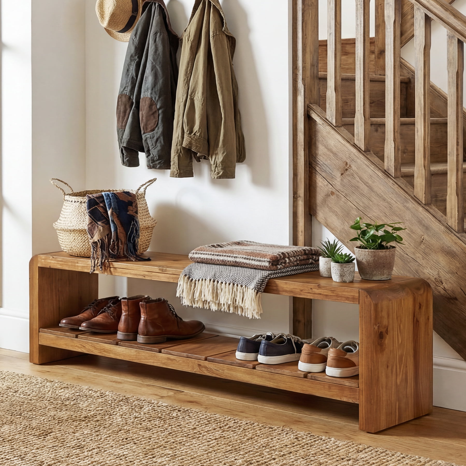 Finmind Solid Wood Entryway Bench with Shoe Storage, 59.06-Inch Long