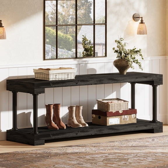 Finmind Solid Wood Entryway Bench with Storage Shelf, 63" Industrial Shoe Bench with Thickened Metal Tubing, Black (Easy Assembly)