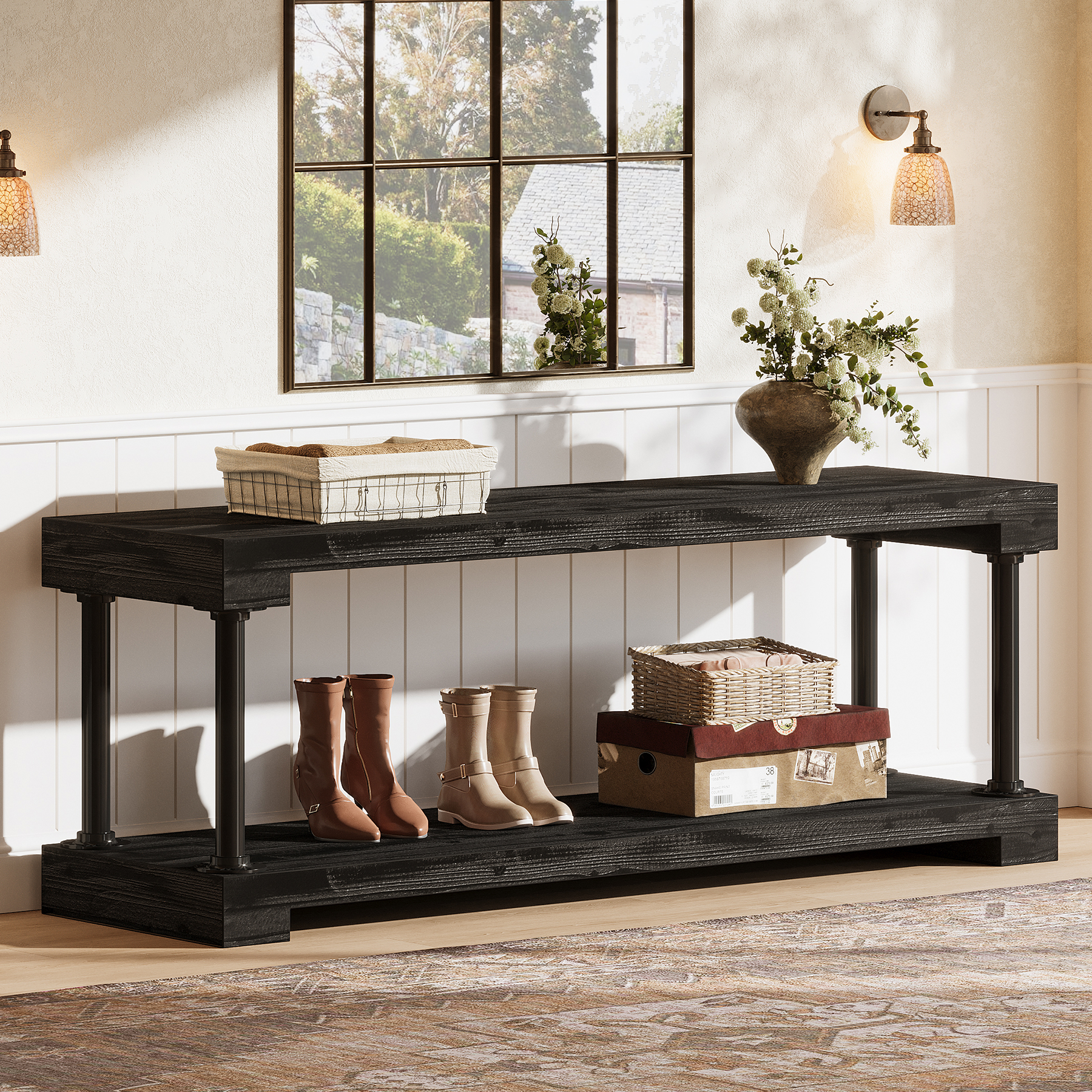 Finmind Solid Wood Entryway Bench with Storage Shelf, 63" Industrial Shoe Bench with Thickened Metal Tubing, Black (Easy Assembly)