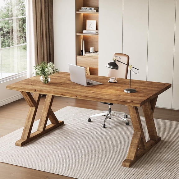 Finmind Solid Wood Executive Desk, 63-Inch Farmhouse Wooden Computer Desk for Home Office, Large Office Writing Study Table with X-Shaped Legs, Rustic Brown