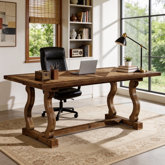 Finmind Solid Wood Executive Desk, 63" Large Computer Desk for Home Office, Farmhouse Rustic Wooden Workstations Business Office Furniture with Diamond Parquetry Top and S-Scroll Legs, Walnut