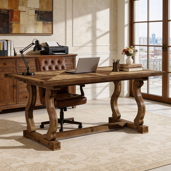Finmind Solid Wood Executive Desk, 63" Large Computer Desk for Home Office, Farmhouse Rustic Wooden Workstations Business Office Furniture with Diamond Parquetry Top and S-Scroll Legs, Walnut