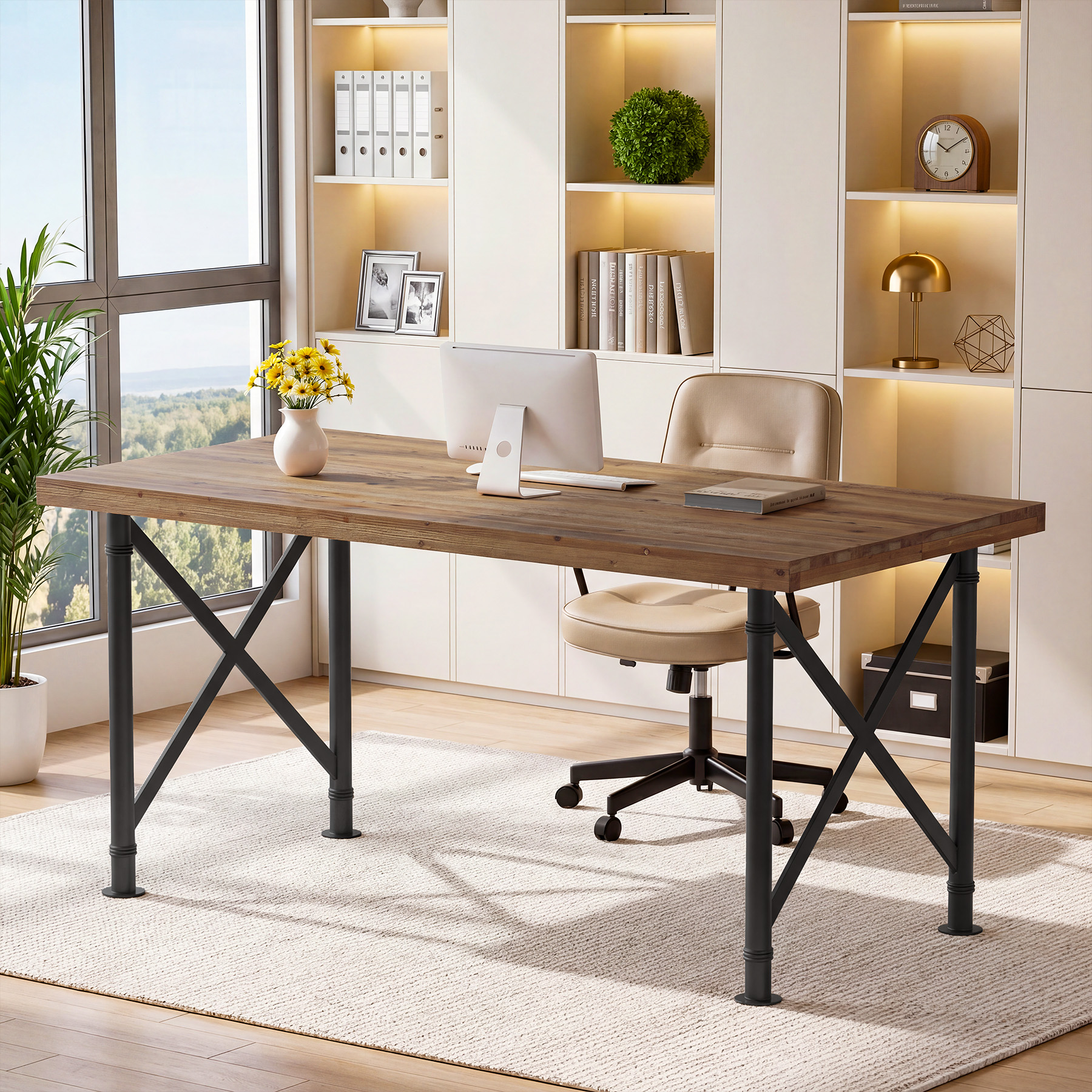 Finmind Solid Wood Executive Desk, 63 inch Industrial Home Office Desk with Sturdy X-Shaped Metal Legs, Brown and Black