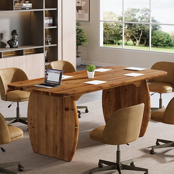 Finmind Solid Wood Executive Desk, 63 inch Large Office Computer Desk with Sturdy Wooden Legs, Farmhouse Writing Table for Home Office, Brown