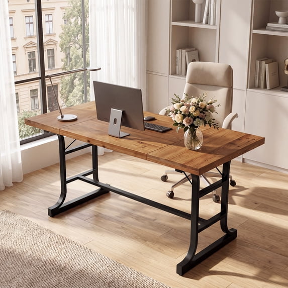 Finmind Solid Wood Executive Desk, 63-inch Office Computer Desk, Large Industrial Writing Table for Home Office, Brown and Black