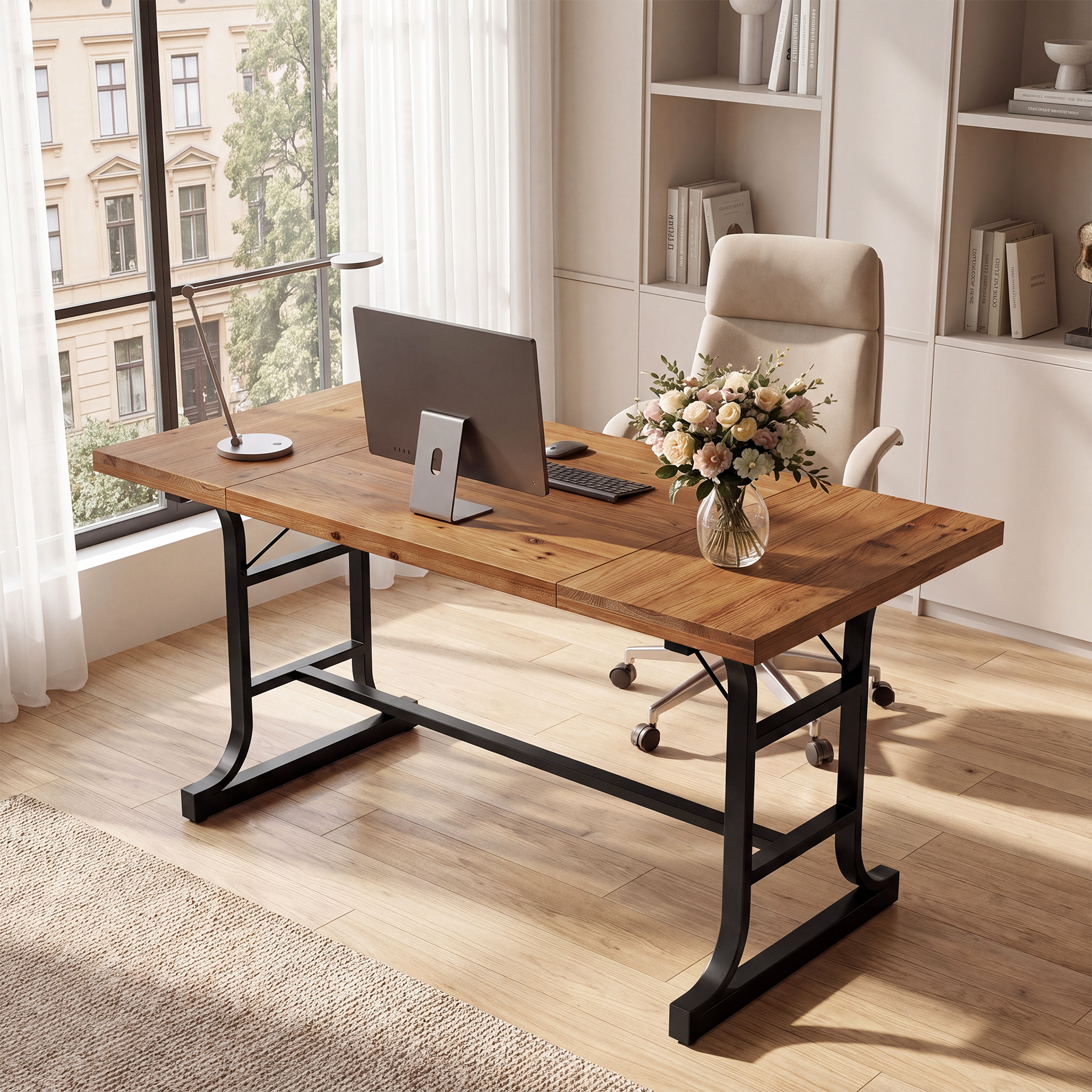 Finmind Solid Wood Executive Desk, 63-inch Office Computer Desk, Large Industrial Writing Table for Home Office, Brown and Black