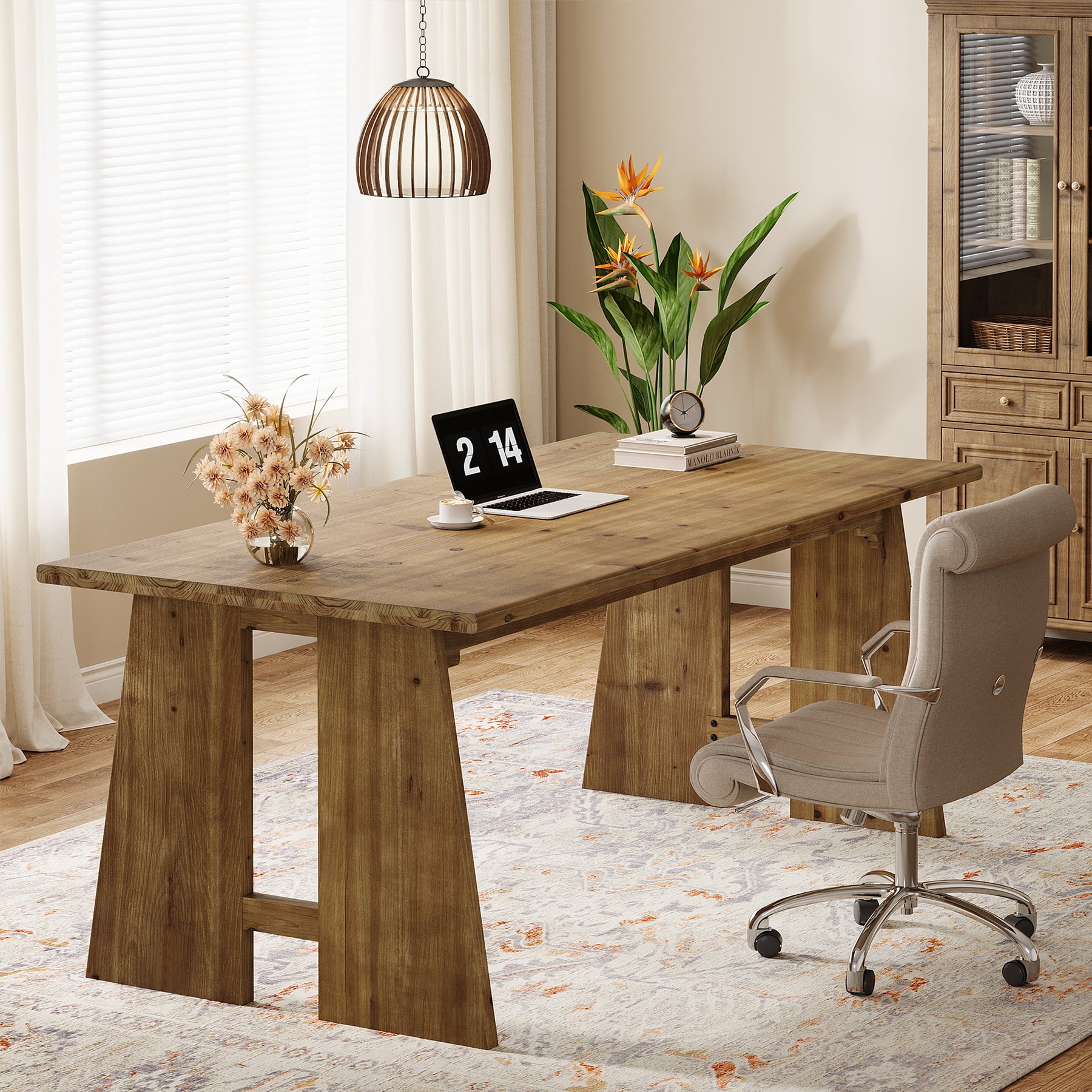Finmind Solid Wood Executive Desk, 70.9-inch Long Office Computer Desk with Sturdy Legs, Farmhouse Writing Table Large Workstation, Brown