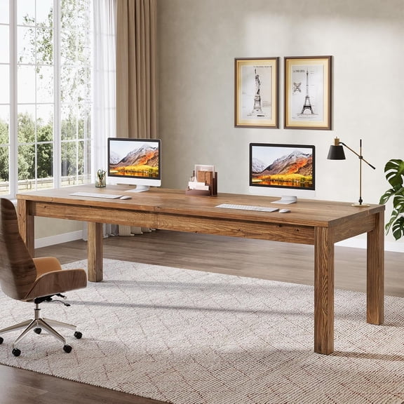 Finmind Solid Wood Extra Long Desk 2-Person Desk, 78.7 Inches Farmhouse Work Writing Study Workstation Double Computer Table