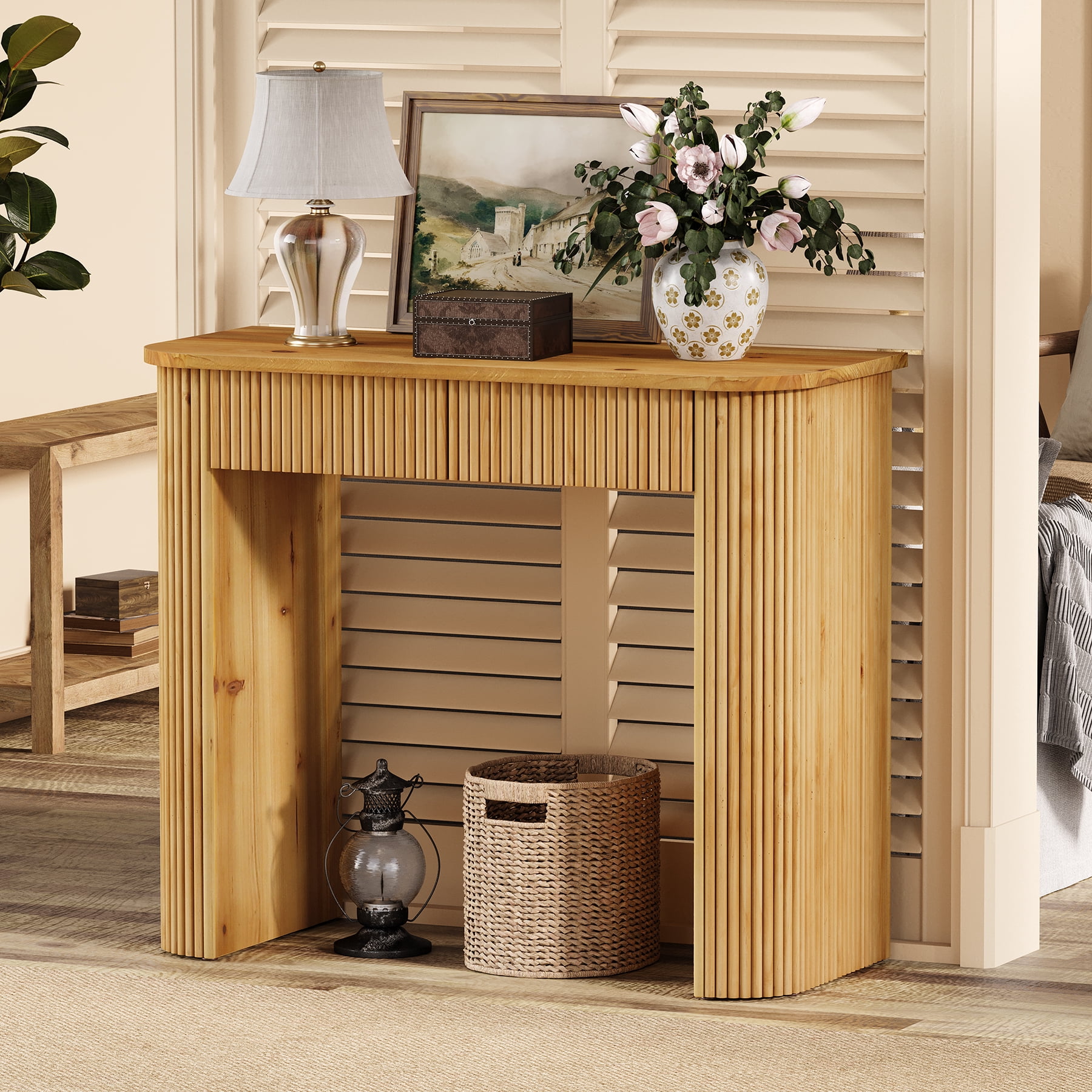 Finmind Solid Wood Fluted Console Table with Drawers, 38" Modern ...