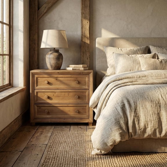 Finmind Solid Wood Nightstand with 3 Drawers, 31.5 Wide Mid-Century Bedside Table with Round Knobs & Stable Low-Profile Legs