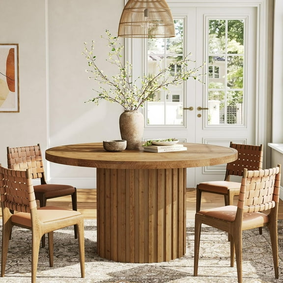 Finmind Solid Wood Round Dining Table for 4, 47-Inch Dining Room Table with Fluted Pedestal Base, Farmhouse Circle Kitchen Table Small Dinner Table, Natural