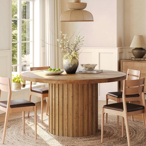 Finmind Solid Wood Round Dining Table for 4, 47-Inch Dining Room Table with Fluted Pedestal Base, Farmhouse Circle Kitchen Table Small Dinner Table, Natural