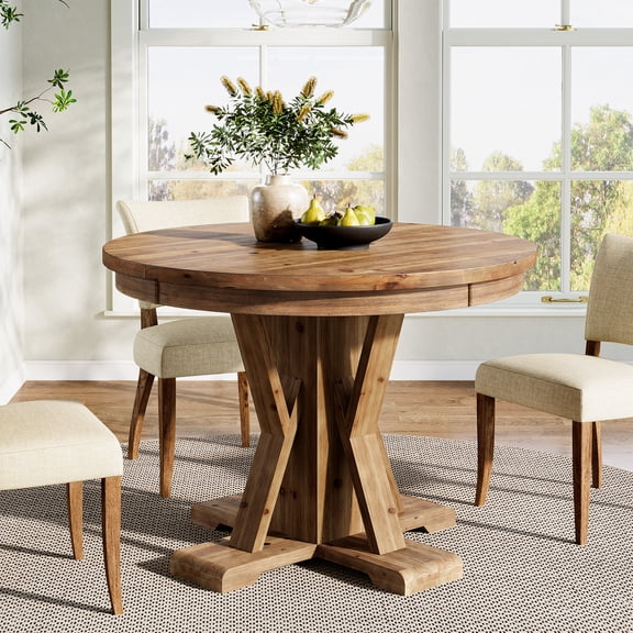 Finmind Solid Wood Round Dining Table for 2-4, 39.4 inch Farmhouse Circle Kitchen Table for Dining Room, Kitchen, Brown