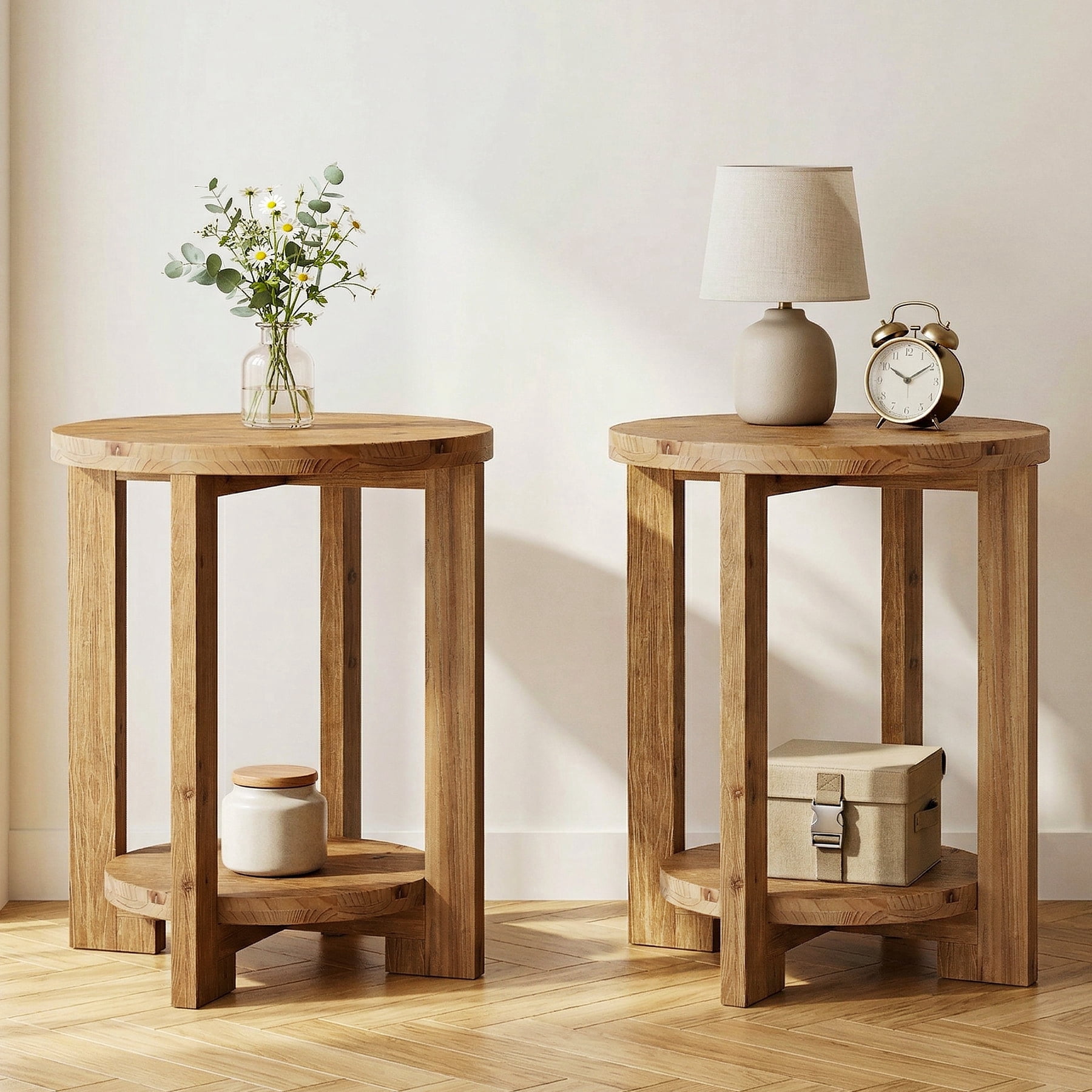 Finmind Solid Wood Round End Table, 2-Tier Farmhouse Side Table with ...