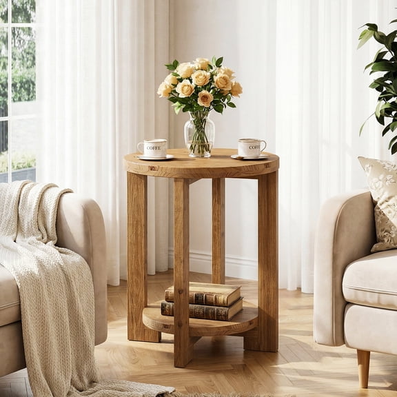 Finmind Solid Wood Round End Table, 2-Tier Farmhouse Side Table with Storage Shelf, Round Nightstand for Living Room, Bedroom, Small Spaces, Brown