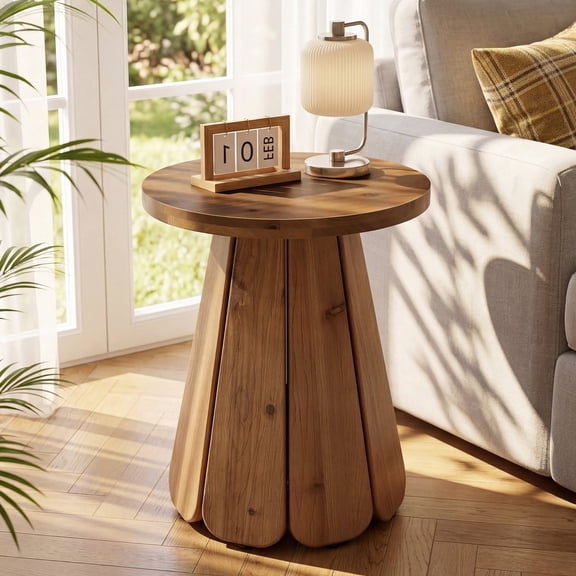 Finmind Solid Wood Round End Table, Small Farmhouse Side Table with Splayed Base, Circle Nightstand for Living Room, Bedroom, Office, Rustic Brown