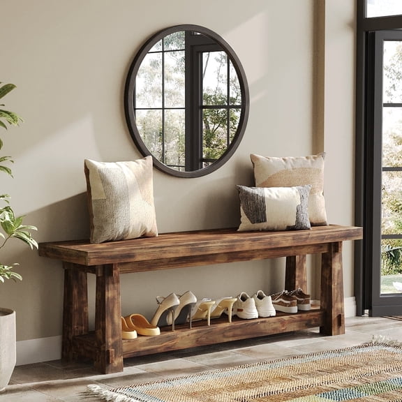 Finmind Solid Wood Shoe Bench with Storage, 55 Inch Foyer Bench with Open Shelf for  Entryway, Hallway, Bedroom, Charred Wood Grain