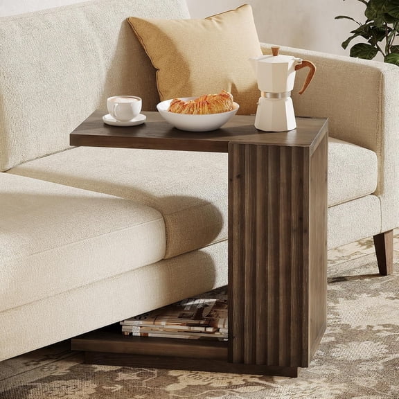 Finmind Solid Wood Side Table, Farmhouse C-Shaped Sofa End Table with Storage Shelf for Living Room, Small Bedside Table Nightstand for Bedroom