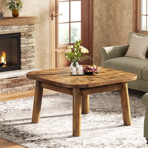 Finmind Solid Wood Square Coffee Table, 31.5-inch Farmhouse Center Table with Rounded Corners, for Living Room, Office, Easy Assembly, Rustic Brown