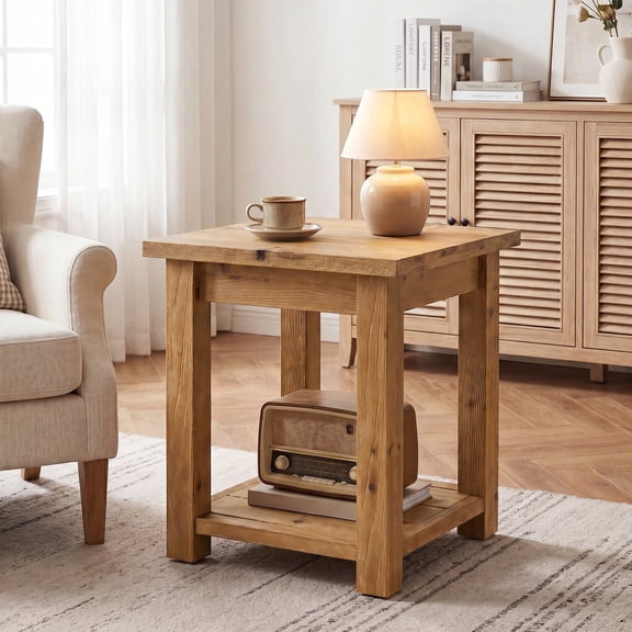 Finmind Solid Wood Square Side Table, 2-Tier Farmhouse End Table with Storage Shelf, Rustic Night Stand for Living Room, Bedroom, Small Spaces, Brown