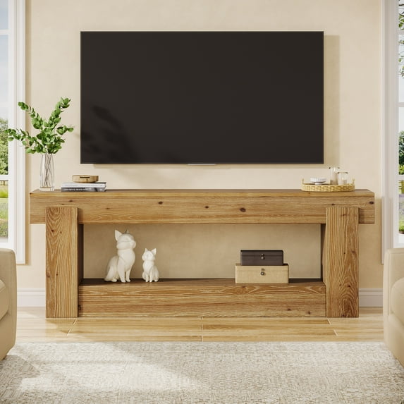 Finmind Solid Wood TV Stand, 63 Inch Farmhouse Entertainment Center for Television up to 75 Inches, TV Console with Storage Shelves, Large Media Console Table for Living Room, Bedroom, Rustic Brown