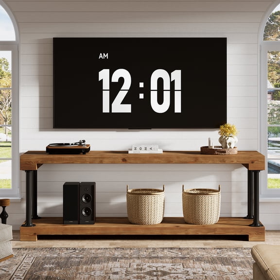 Finmind Solid Wood TV Stand for 75-Inch TV, 63" Entertainment Center with Storage Shelf, Industrial Media Console Table for Living Room, Bedroom, Vintage Brown