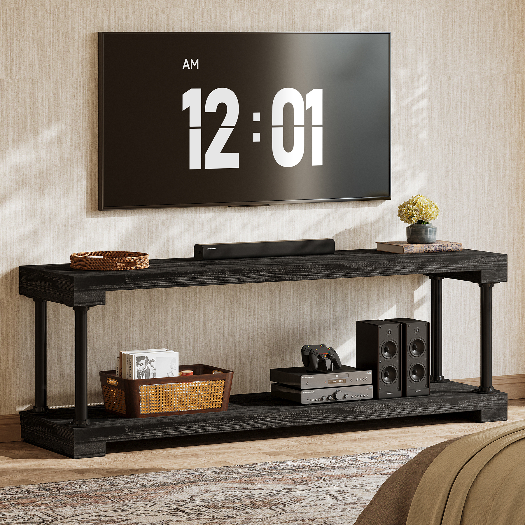 Finmind Solid Wood TV Stand for 75-inch TV, 63" Entertainment Center with Storage Shelf, Industrial Media Console Table for Bedroom, Black