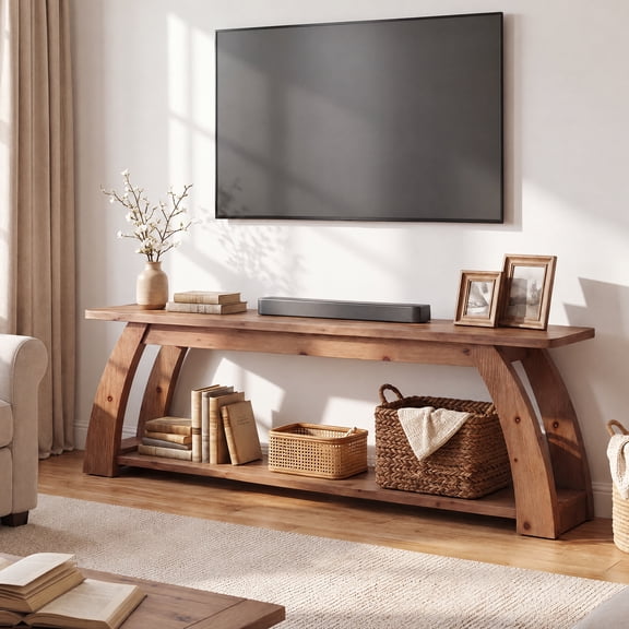 Finmind Solid Wood TV Stand for TVs up to 75" , 63-inch Entertainment Center with Storage, Farmhouse 2-Tier TV Media Console, Vintage Brown