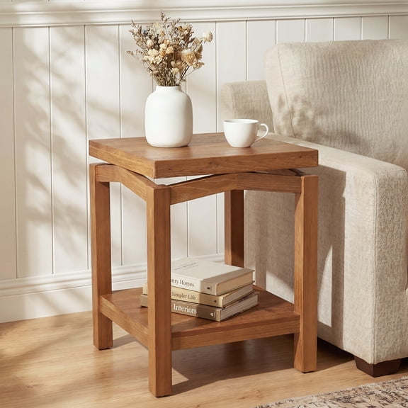 Finmind Solid wood Side Table, 19" Narrow End Table with Storage Shelf for Living Room, Rustic Brown