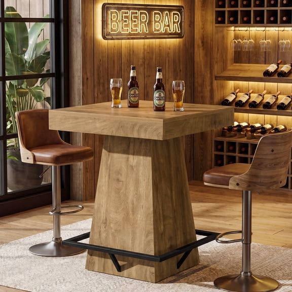 Finmind Square Bar Table, 37.4" Counter Height Pub Table with Metal Footrest, Small Home Bar Unit for Bistro, Kitchen, Light Brown(Only Table)