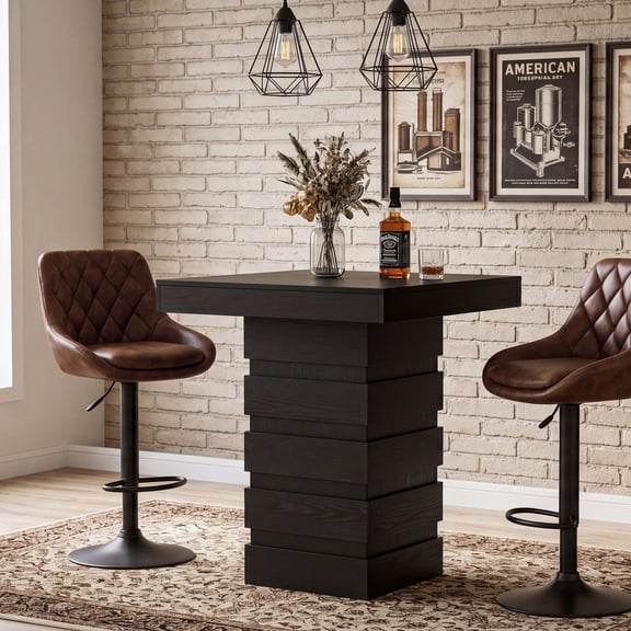 Finmind Square Bar Table, 37.4"H Modern Pub Table with Stacked Block Base, Black High Top Bistro Table for Kitchen Nook, Living Room, Small Space