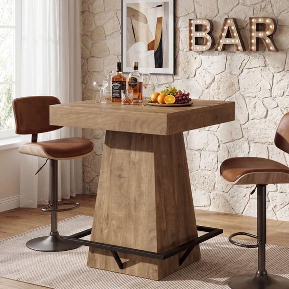 Finmind Square Bar Table, 37.4-Inch High Pub Table with Metal Footrest for Small Bars, Dining Room, Bistro, Light Brown(Only Table)