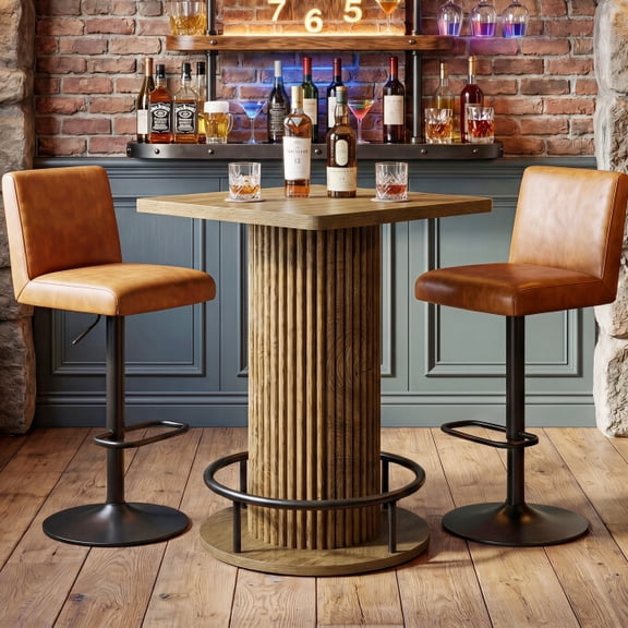 Finmind Square Bar Table, 39.4" H Brown Bistro Pub Table with Rounded Corners & Ergonomic Metal Footrest